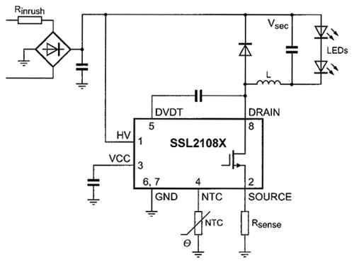 NXP SSL21082 converter operates at the boundary between continuous and discontinuous mode Diagram of NXP SSL21082 converter operates at the boundary between continuous and discontinuous mode
