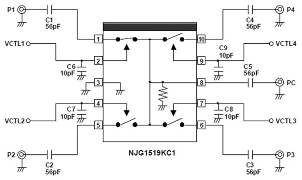 A simplified application circuit showing an SP4T switch from NJR Image of A simplified application circuit showing an SP4T switch from NJR