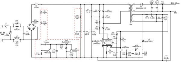 Schematic of an isolated, TRIAC-dimmable, high power factor, universal input Image of Schematic of an isolated, TRIAC-dimmable, high power factor, universal input
