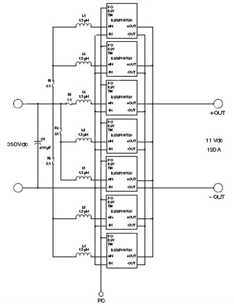 An array of seven high-voltage-input 300 W BCM bus converters Image of An array of seven high-voltage-input 300 W BCM bus converters