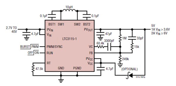 A LTC3115-1-based 5 V output buck-boost converter Image of A LTC3115-1-based 5 V output buck-boost converter