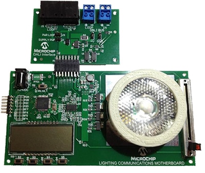 Microchip's demo/evaluation board for DALI Image of Microchip's demo/evaluation board for DALI