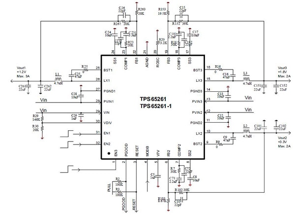 Texas Instruments triple-output synchronous step-down converter Diagram of Texas Instruments triple-output synchronous step-down converter