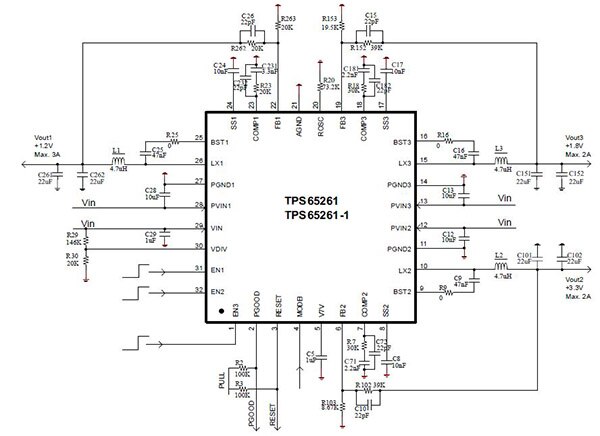 Texas Instruments triple-output synchronous step-down converter Diagram of Texas Instruments triple-output synchronous step-down converter