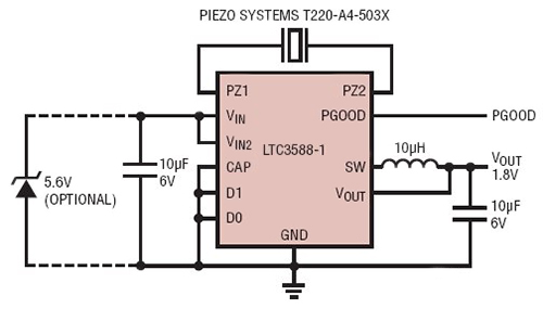 Linear Technology LTC3588-1 piezoelectric energy-harvesting power supply Diagrama de la fuente de alimentación para la recolección de energía piezoeléctrica LTC3588-1 de Linear Technology.