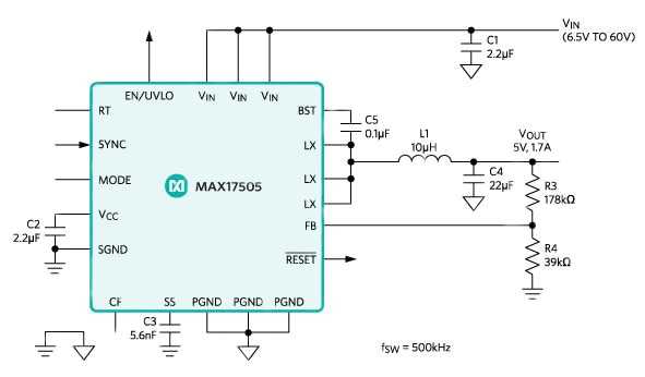 Maxim Integrated MAX17505 synchronous step-down DC/DC converter Diagram of Maxim Integrated MAX17505 synchronous step-down DC/DC converter