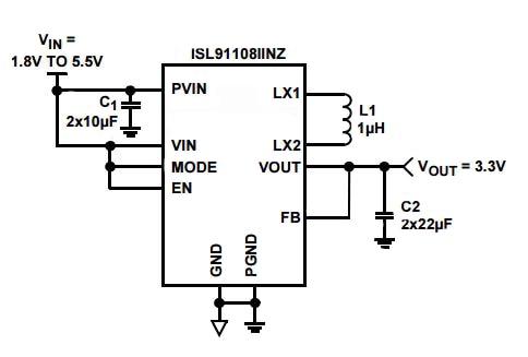 Fixed-output application circuit for Intersil ISL91108 Image of fixed-output application circuit for Intersil ISL91108