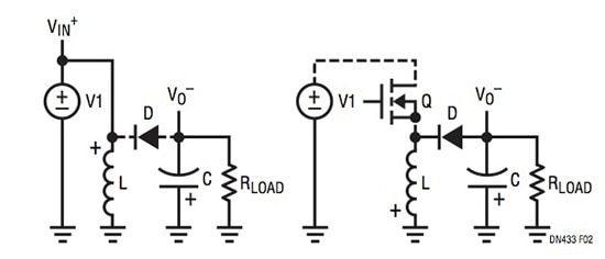 Linear Technology equivalent circuits of a switching inverting regulator Schematic of Linear Technology equivalent circuits of a switching inverting regulator