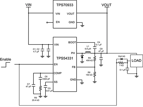 TI TPS709 in parallel with TPS54331 with load enable delay Image of TI TPS709 in parallel with TPS54331 with load enable delay