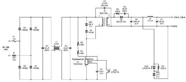 Universal input, 12 VDC at 1.5 A output AC/DC converter schematic (click for full-size) Image of universal input, 12 VDC at 1.5 A output AC/DC converter schematic (click for full-size)