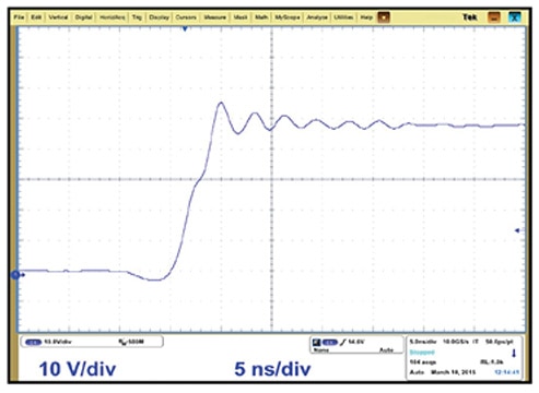 Switching node waveforms of eGaN FET design  (VIN = 48 V, VOUT = 12 V, IOUT = 20 A, fsw = 500 kHz). Switching node waveforms of eGaN FET design  (VIN = 48 V, VOUT = 12 V, IOUT = 20 A, fsw = 500 kHz).
