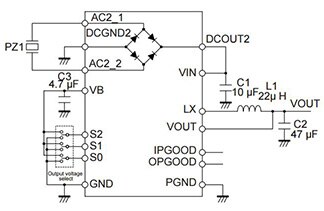 Cypress Semiconductor MB39C811 with a piezoelectric source Diagram of Cypress Semiconductor MB39C811 with a piezoelectric source