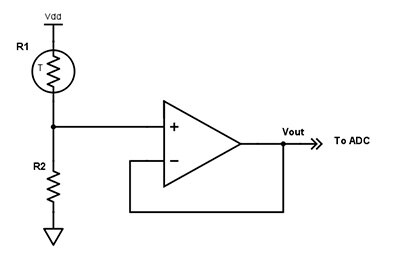 A voltage-mode bias circuit to linearize a thermistor output Diagram of voltage-mode bias circuit to linearize a thermistor output