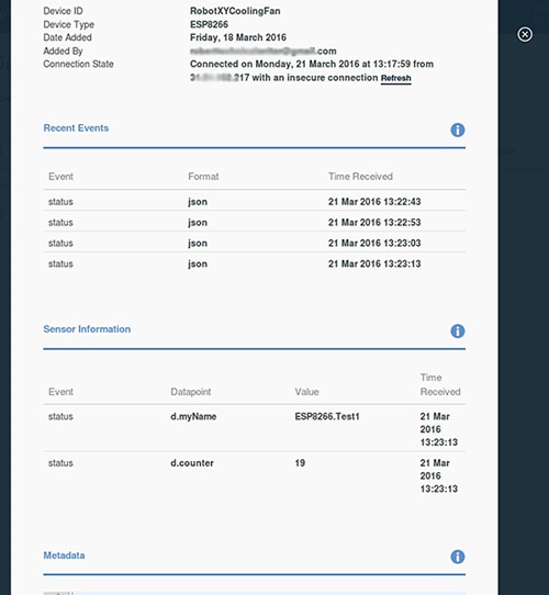 Device summary screen showing recent events and sensor values Device summary screen showing recent events and sensor values