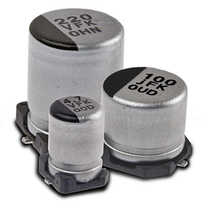 For lower-voltage, board-level designs, the CDE AFK Series features a maximum ESR that ranges from 1.350 Ω down to 0.033 Ω (at 100 kHz and 20˚C.) It also has a high tolerance for cold, with an operating temperature range of -55˚C to 105˚C. (Image courtesy of Cornell Dubilier Electronics) For lower-voltage, board-level designs, the CDE AFK Series features a maximum ESR that ranges from 1.350 Ω down to 0.033 Ω (at 100 kHz and 20˚C.) It also has a high tolerance for cold, with an operating temperature range of -55˚C to 105˚C. (Image courtesy of Cornell Dubilier Electronics)