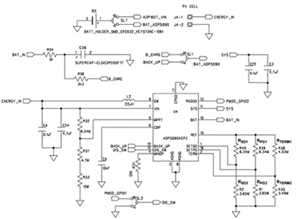The energy harvesting circuit for Analog Devices' ADP5090 power manager The energy harvesting circuit for Analog Devices' ADP5090 power manager
