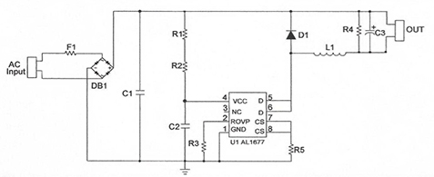 In a typical application, the AL1677 from Diodes Inc. lowers the BOM by removing the auxiliary winding and high-voltage MOSFETs normally used, while yet achieving high efficiency of more than 90% (Source: Diodes Inc.) In a typical application, the AL1677 from Diodes Inc. lowers the BOM by removing the auxiliary winding and high-voltage MOSFETs normally used, while yet achieving high efficiency of more than 90% (Source: Diodes Inc.)
