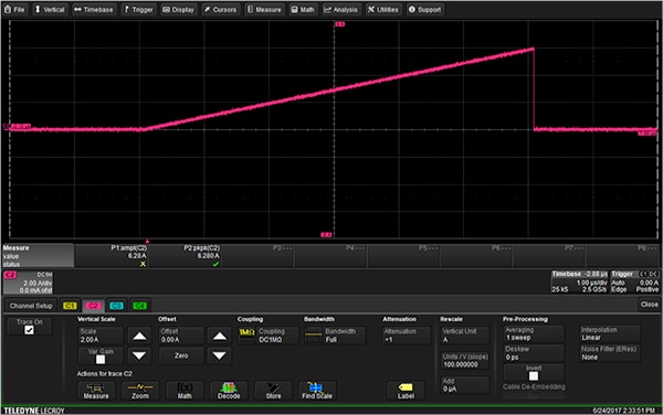 Channel setup of a Teledyne LeCroy HDO4104 oscilloscope (click for full-size) Teledyne LeCroy 的 HDO4104 示波器之通道設定的圖片 (按一下可檢視完整尺寸)