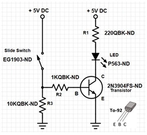 2N3904 circuit example for lighting an LED with a EG1218 slide switch Diagram of 2N3904 circuit example for lighting an LED with a EG1218 slide switch