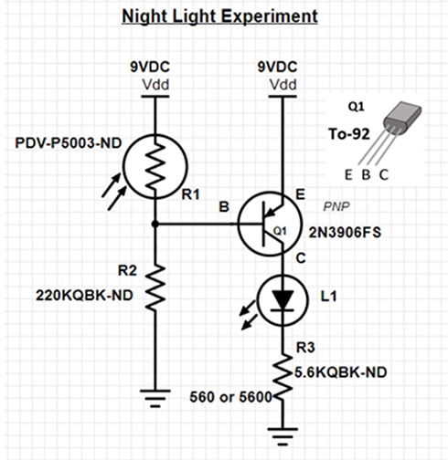2N3906 example night light circuit for lighting an LED with a PDV-P5003 photocell Diagram of 2N3906 example night light circuit for lighting an LED with a PDV-P5003 photocell