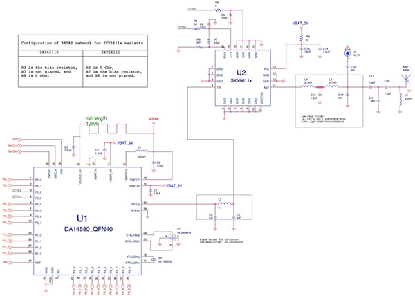 Dialog Semiconductor Bluetooth transceiver RF I/O pin connection to the FEM (click for full-size) Diagram of Dialog Semiconductor Bluetooth transceiver RF I/O pin connection to the FEM (click for full-size)