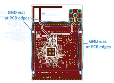 Image of Silicon Labs board layout transmission lines and ground vias