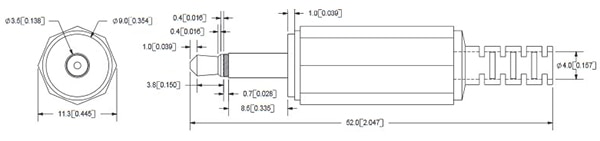 Dimensions for a 3.5 mm audio plug Image of dimensions for a 3.5 mm audio plug