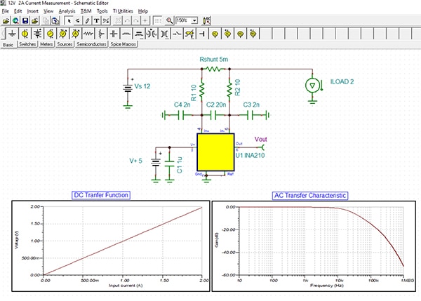 Texas Instruments TINA-TI simulation of the circuit Image de la simulation de circuit sur TINA-TI de Texas Instruments