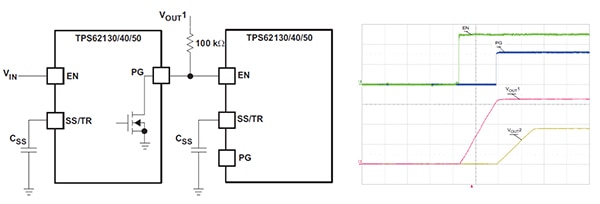 Multiple TPS82130 units configured for sequential timing Diagram of multiple TPS82130 units configured for sequential timing