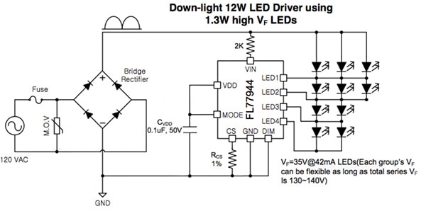12 W, 120 VAC LED down-light using the ON Semiconductor FL77944 Diagram of 12 W, 120 VAC LED down-light using the ON Semiconductor FL77944