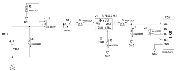 RECOM R-78SS.3-0.1-EVM-1 evaluation board schematic (click to enlarge) Diagram of RECOM R-78SS.3-0.1-EVM-1 evaluation board schematic (click to enlarge)