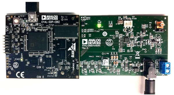 Analog Devices EVAL-CN0272-SDPZ evaluation board connected to the EVAL-SDP-CB1Z SDP-B board Image de la carte d'évaluation EVAL-CN0272-SDPZ d'Analog Devices connectée à la carte SDP-B EVAL-SDP-CB1Z