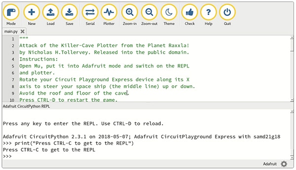 Adafruit's open source programming interface called Mu Image of Adafruit's open source programming interface called Mu