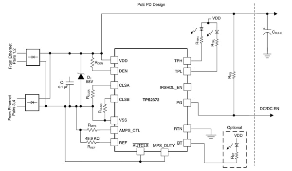 Texas Instruments TPS2372 High-Power PoE PD interface (click to enlarge) Schema dell'interfaccia PD PoE ad alta potenza TPS2372 di Texas Instruments (fare clic per ingrandire)