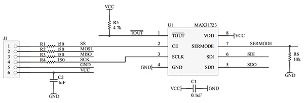 Maxim MAX31723PMB1 digital thermometer and thermostat peripheral module Schematic of Maxim MAX31723PMB1 digital thermometer and thermostat peripheral module