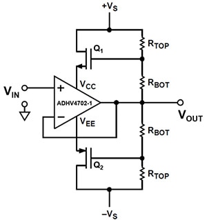 Simplified high voltage follower bootstrapping schematic for analog Devices' ADHV4702-1 Diagram of simplified high voltage follower bootstrapping schematic for analog Devices' ADHV4702-1