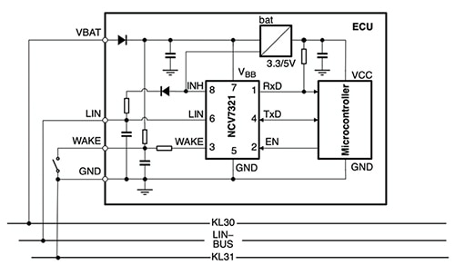 Application schematic for ON Semiconductor NCV7321D12R2G LIN transceiver Diagram of application schematic for ON Semiconductor NCV7321D12R2G LIN transceiver