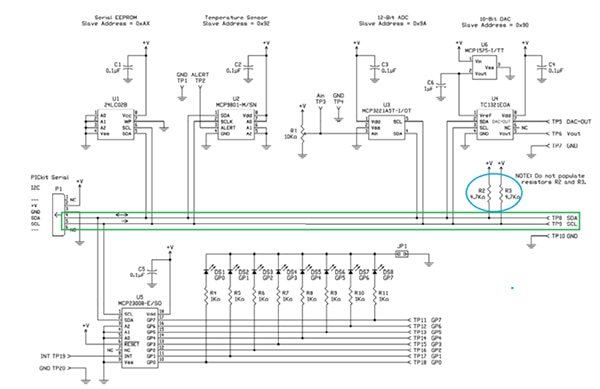 Demonstration pc board from Microchip Technology (click to enlarge) Schematic of a demonstration pc board from Microchip Technology (click to enlarge)