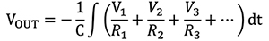 VOUT = - 1/C ∫ (V1/R1 + V2/R2 + V3/R3 + ...)dt Equation 3