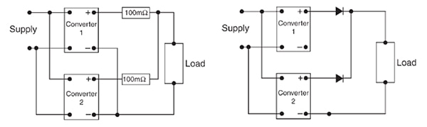 Current-sharing resistors (left) or isolation diodes (right) Diagram of current-sharing resistors (left) or isolation diodes (right)