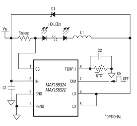 Maxim MAX16832 high-brightness LED driver application circuit Image of Maxim MAX16832 high-brightness LED driver application circuit