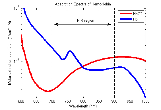 Differences in absorption spectra between oxygenated (HbO2) and deoxygenated (Hb) blood cells Graph of differences in absorption spectra between oxygenated (HbO2) and deoxygenated (Hb) blood cells