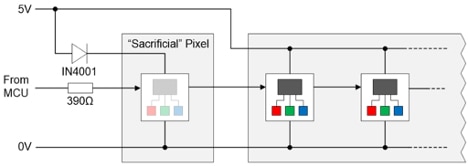 A “sacrificial” NeoPixel can be coerced to act in the role of a voltage level converter 可「犧牲」NeoPixel 以強制作為電壓位準轉換器的示意圖
