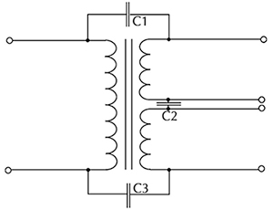 Transformer model shows windings and core only แผนภาพของแบบจำลองหม้อแปลงแสดงเฉพาะขดลวดและแกนเท่านั้น