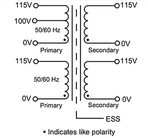 Multiple-tap, split primary and secondary windings of the Signal Transformer HPI-35 แผนผังของขดลวดหลักและขดลวดทุติยภูมิแบบแยกการแตะหลายครั้งของตัวแปลงสัญญาณ HPI-35
