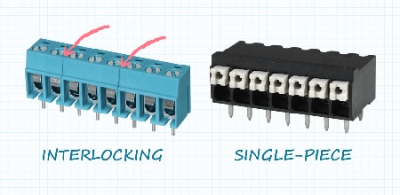 Interlocking vs. single-piece terminal blocks 聯鎖式與單件式端子台的比較圖