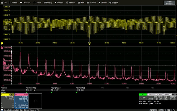 Power integrity measurement on a 5 volt bus for a daughter card (click to enlarge) Image of power integrity measurement on a 5 volt bus for a daughter card (click to enlarge)