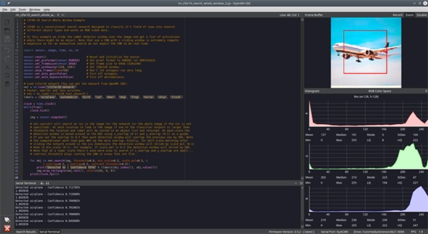 OpenMV IDE camera running a CNN network for the CIFAR-10 (click to enlarge) OpenMV IDE 攝影機針對 CIFAR-10 執行 CNN 網路的圖片 (按此放大)