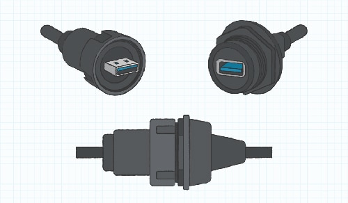 Plug and connector cable with locking and sealing interface Schema del cavo del connettore e della spina con interfaccia di bloccaggio e di tenuta