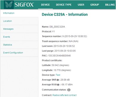 Register „Information“ des Sigfox-Backends erlauben Geokoordinaten  Register „Information“ des Sigfox-Backends erlauben Geokoordinaten